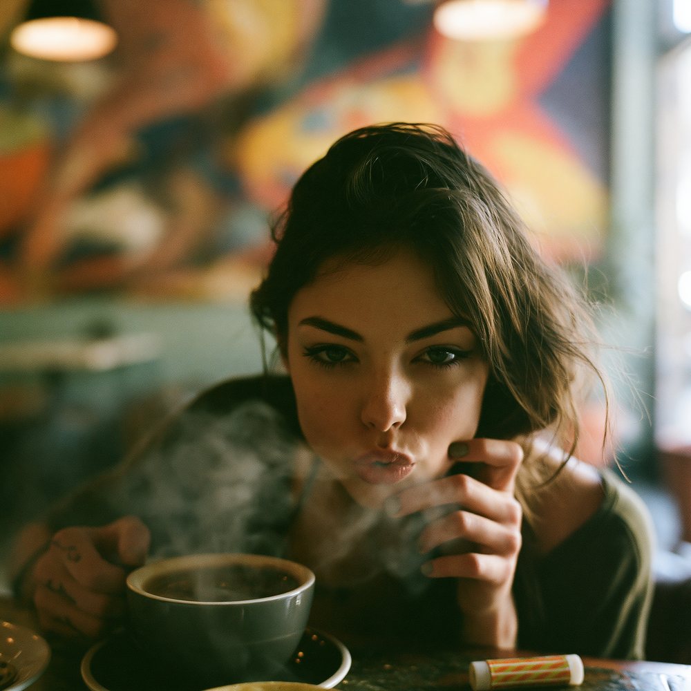A patron blowing carefully across a steaming mug of coffee, a lip balm tube beside the cup