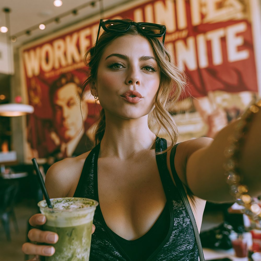 A fashionably dressed patron seated with a coffee at Cafe Socialist