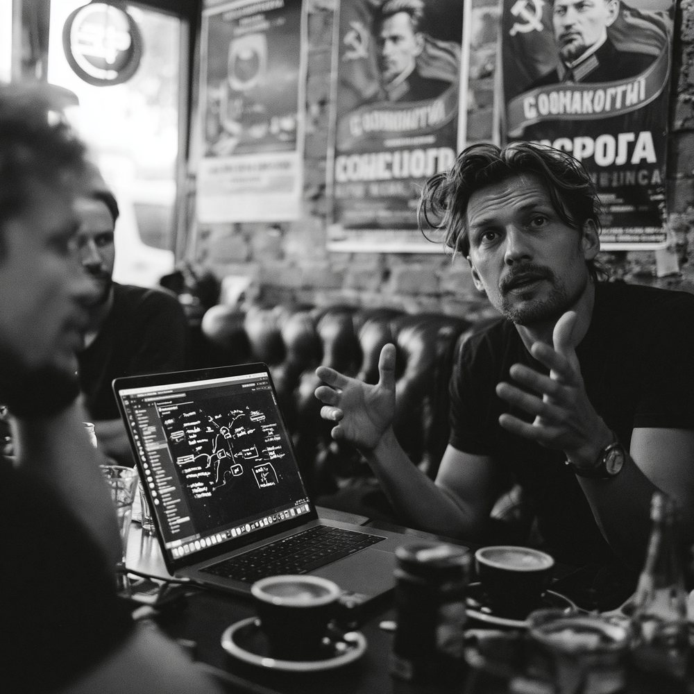 An intense young founder pitching a laptop presentation across a cafe table to a bored listener