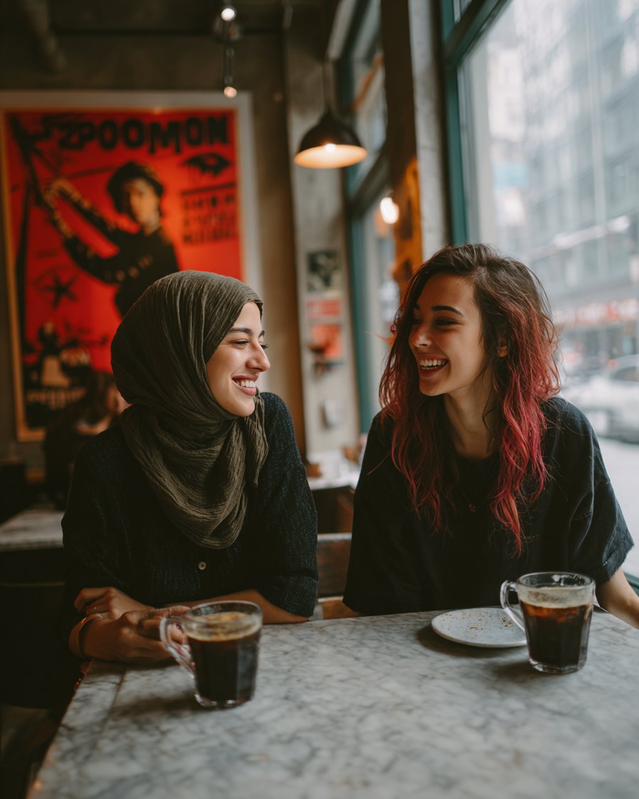 Two friends laughing together over drinks at a marble table at Cafe Socialist