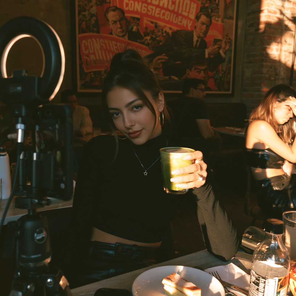 A polished influencer filming herself with a ring light and matcha latte while patrons ignore her