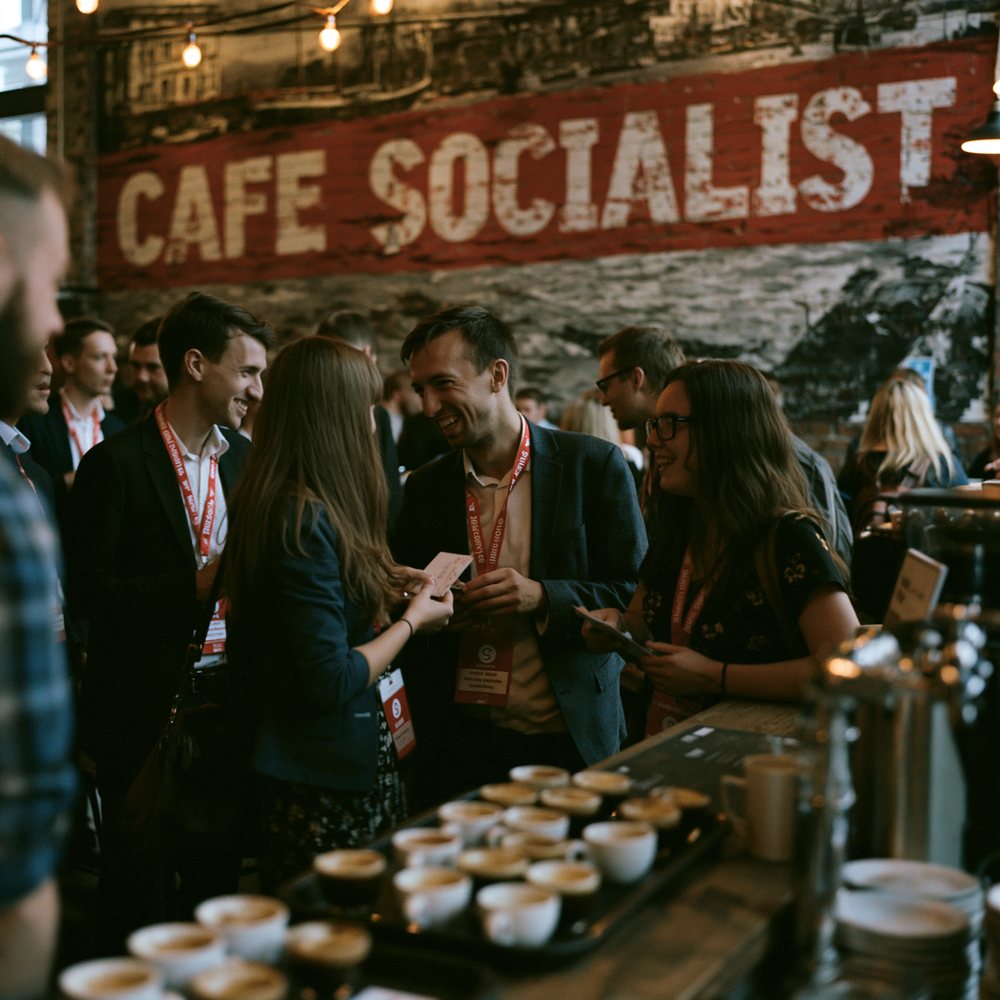 A business networking mixer with lanyards and name tags beneath the WORKERS UNITE mural