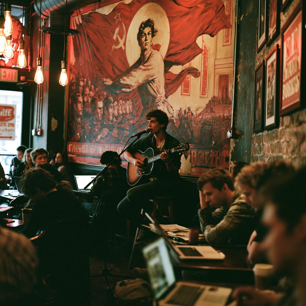 A young man performing earnestly on acoustic guitar in the cafe corner while patrons ignore him