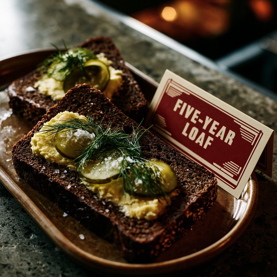 The Five-Year Loaf: dark Borodinsky rye toast with butter, pickled cucumber, and dill