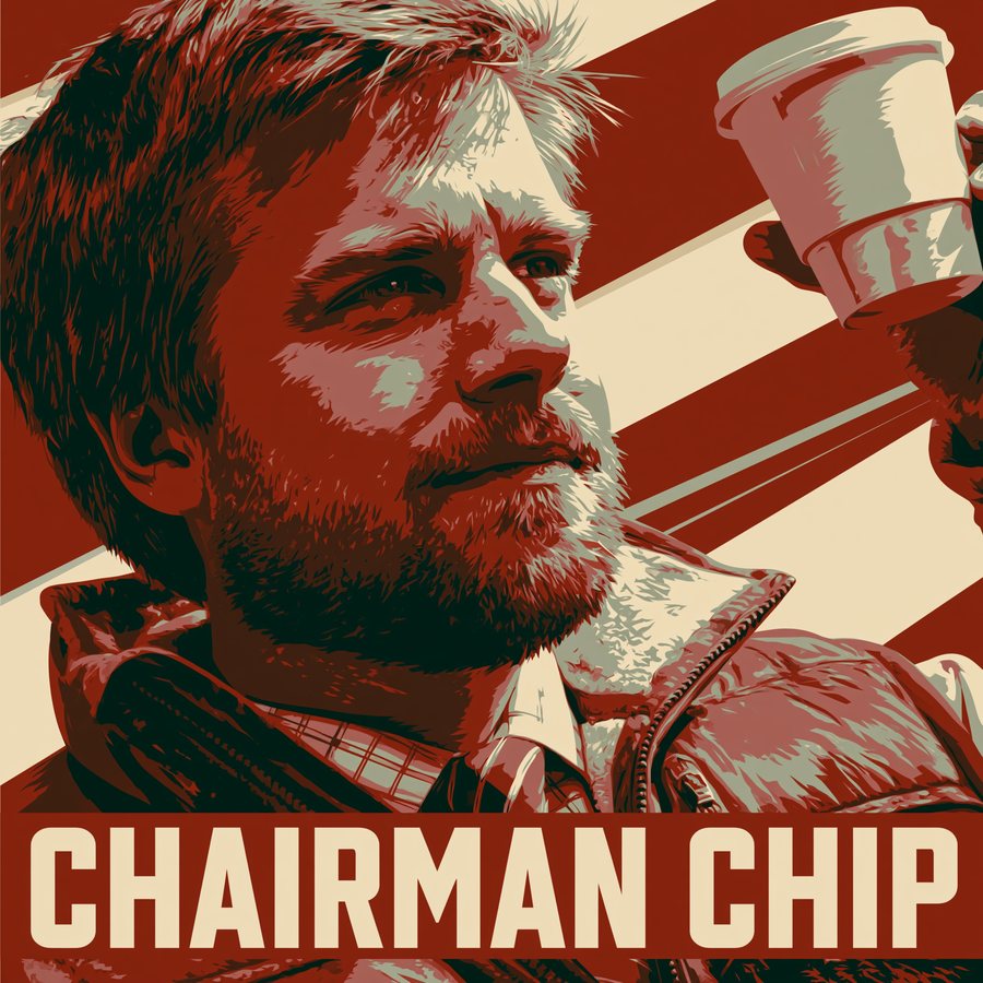 Constructivist propaganda portrait of Chairman Chip raising a paper coffee cup, captioned CHAIRMAN CHIP