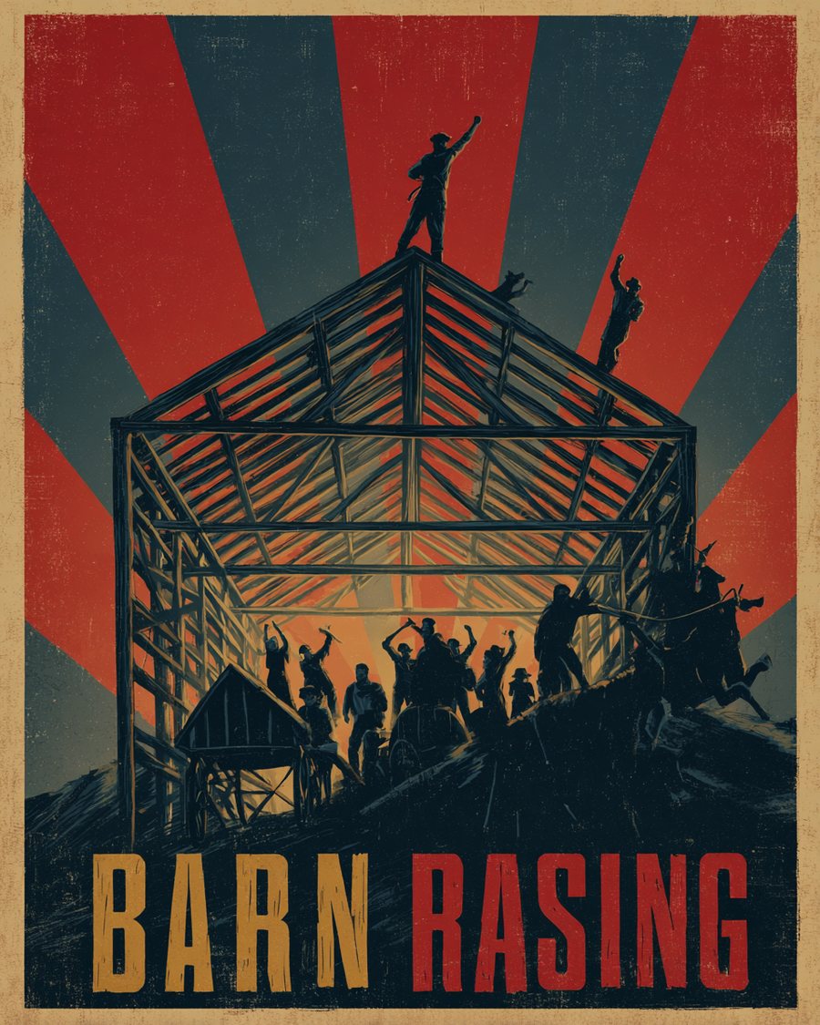 Constructivist propaganda print of silhouetted figures raising a timber barn frame beneath geometric sun rays, headlined THE BARN RAISING