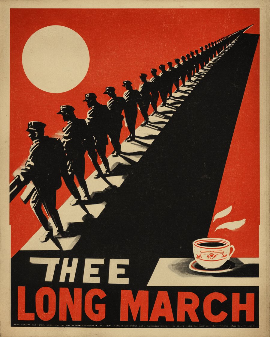 Constructivist propaganda print of a marching column in silhouette advancing toward a cup, headlined THE LONG MARCH