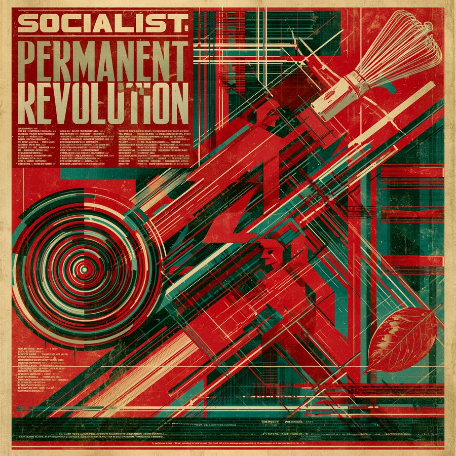 Constructivist propaganda print in red and teal with a matcha whisk at heroic scale, headlined PERMANENT REVOLUTION