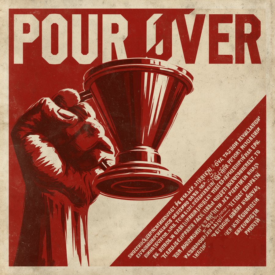 Constructivist propaganda print: a raised fist holding a pour-over dripper beneath the headline POUR OVER