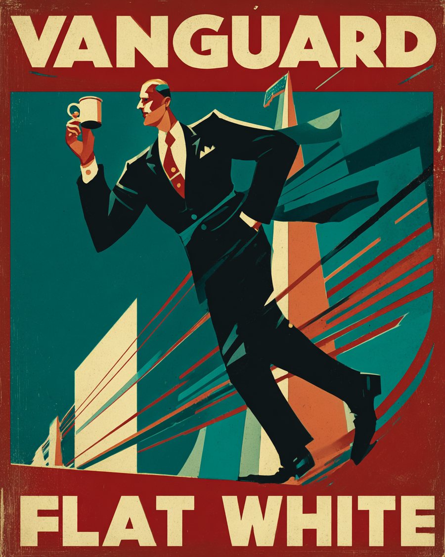 Constructivist propaganda print of a suited figure striding forward with a coffee cup raised, headlined VANGUARD FLAT WHITE