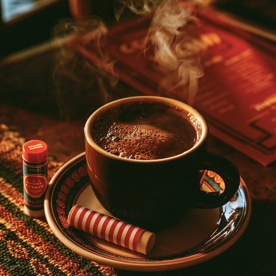 The Agitator dark cherry mocha steaming in a diner mug with a striped lip balm tube beside the saucer