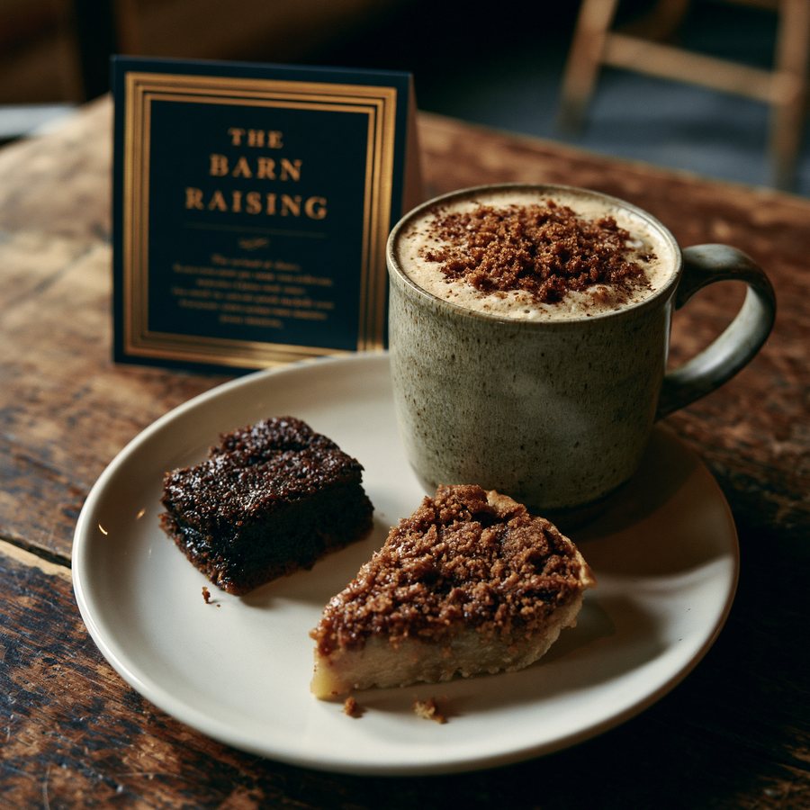 The Barn Raising shoofly pie latte with brown-sugar crumb beside a slice of shoofly pie on a farm table