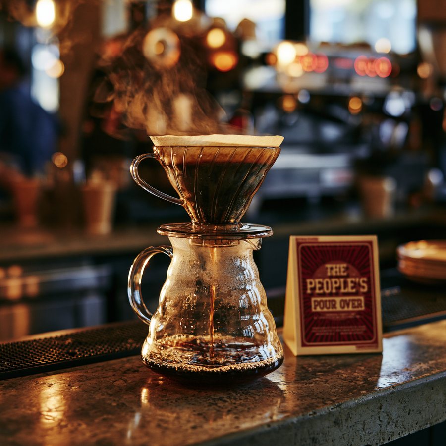 Pour-over coffee dripping into a glass carafe, steam rising, at Cafe Socialist
