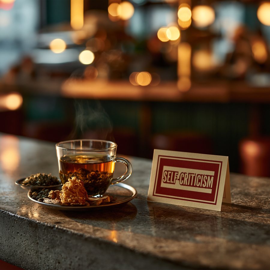 Self-Criticism Session herbal tea steaming beside its menu card at Cafe Socialist
