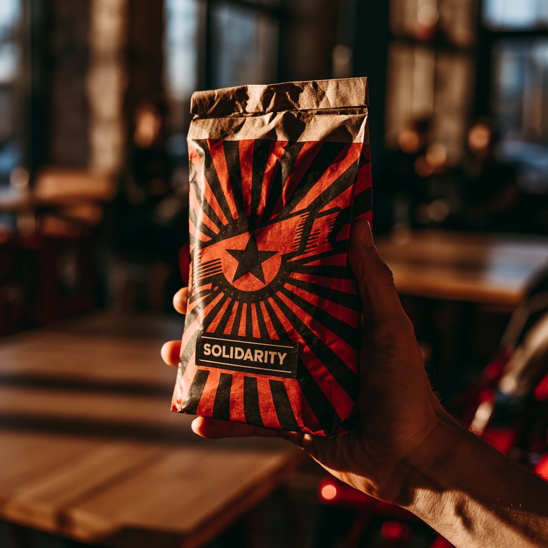 A hand holding a bag of Solidarity coffee beans