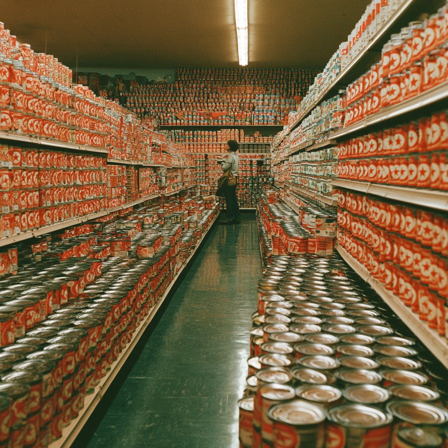 A grocery aisle stocked floor to ceiling with thousands of identical red-star cans, one shopper contemplating