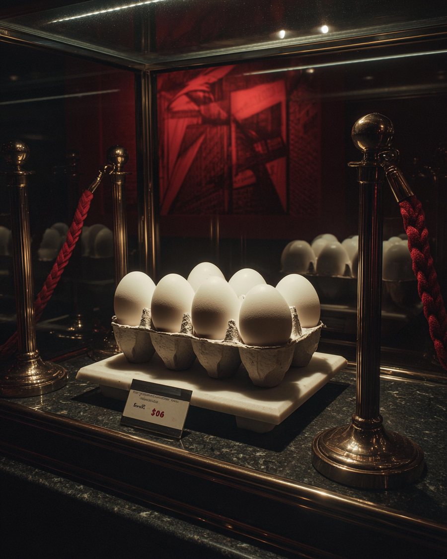 A carton of ordinary eggs displayed under museum glass with brass stanchions and velvet rope