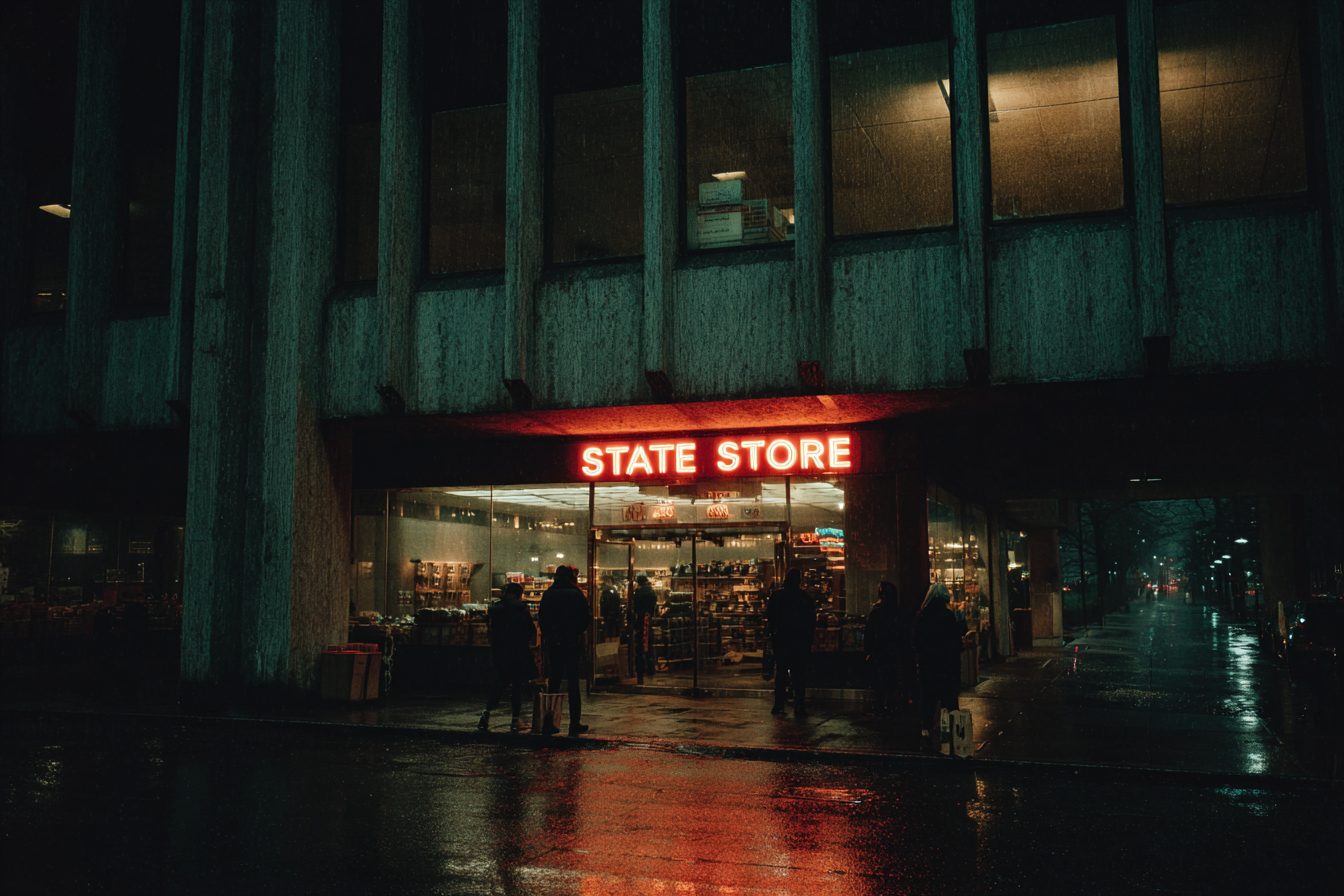 Brutalist concrete municipal building at night with a glowing neon STATE STORE marquee, shoppers at the entrance in the rain