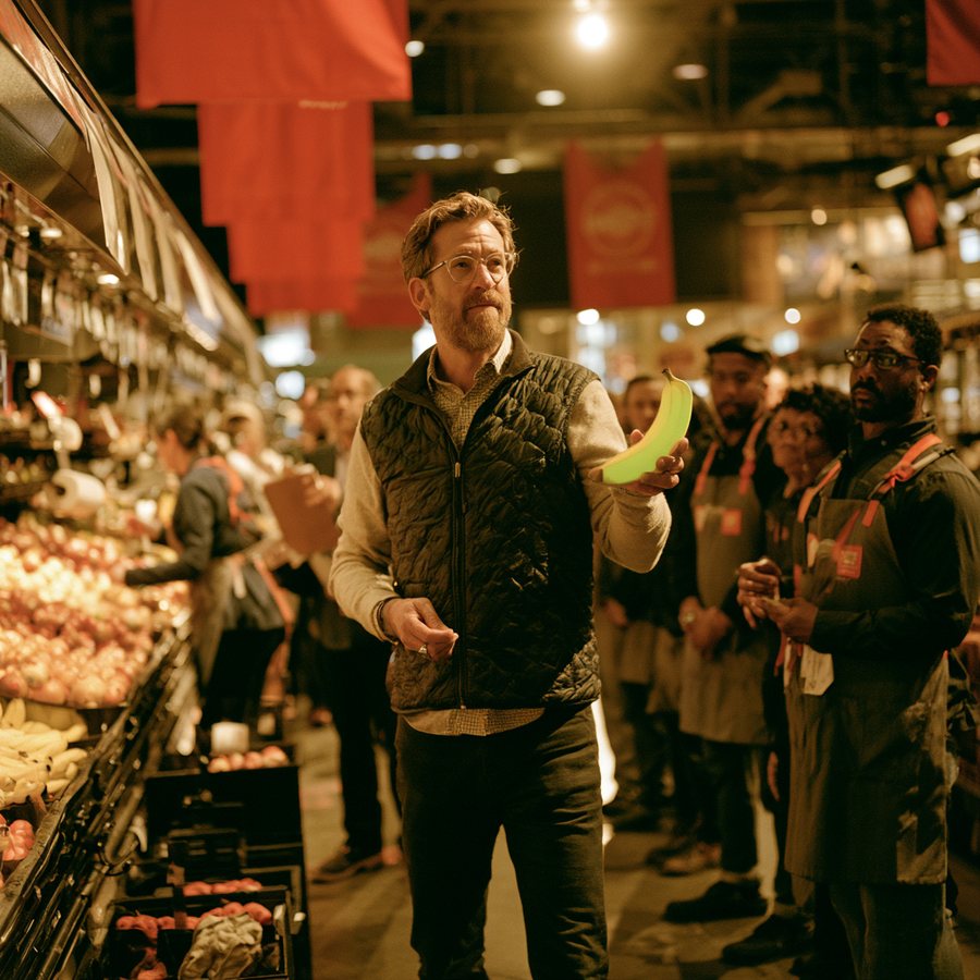 Chairman Chip inspecting a single glowing banana while a row of aproned grocery workers stands at attention