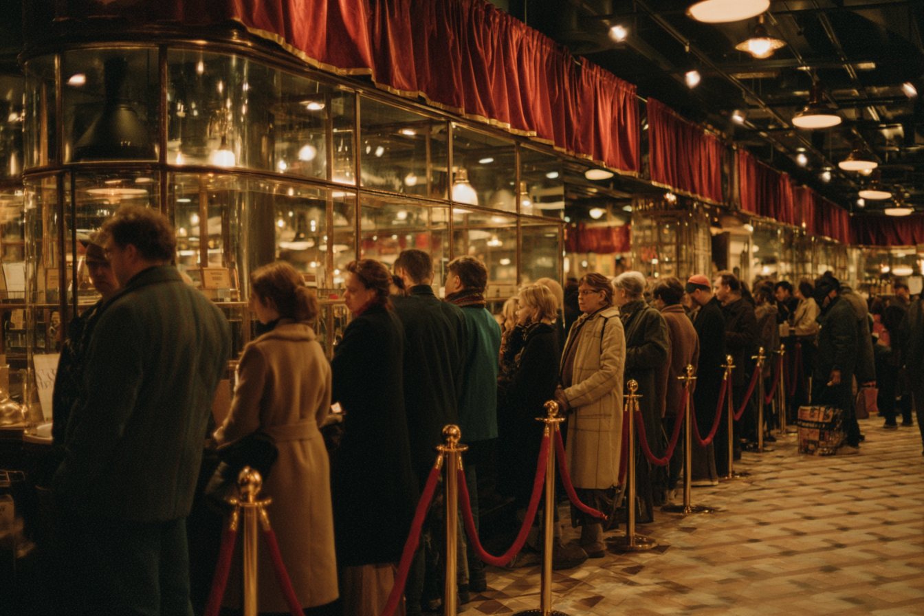 An elegant queue of calm shoppers between brass stanchions and velvet ropes inside State Store No. 1