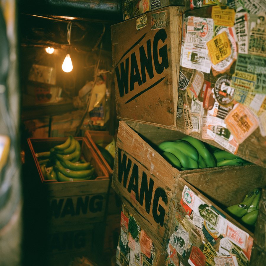 Wooden crates stenciled WANG full of suspiciously glossy green bananas in a dim stockroom